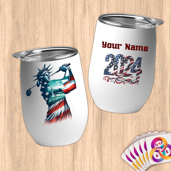 Physical Item 12 oz / White Golfing Liberty ~ Limited Edition 2024 "USA Excellence" ~ Customizable 12oz Wine Tumbler with Lid