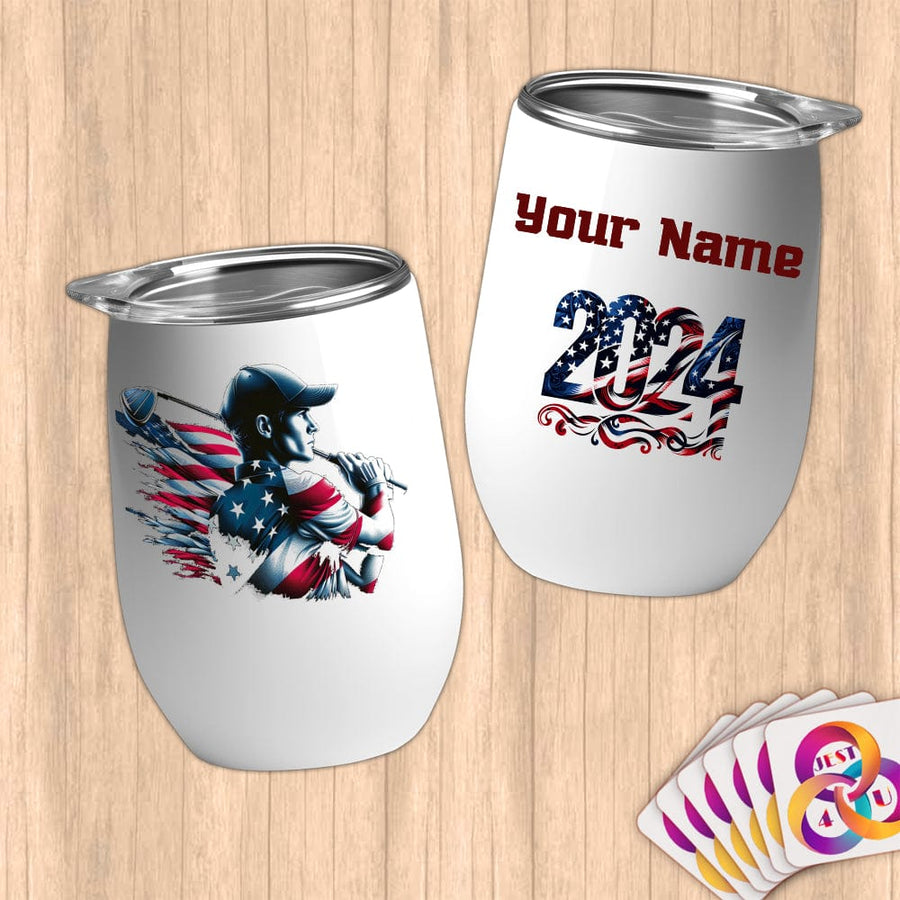 Physical Item 12 oz / White Golfing Sensation ~ Limited Edition 2024 "USA Excellence" ~ Customizable 12oz Wine Tumbler with Lid