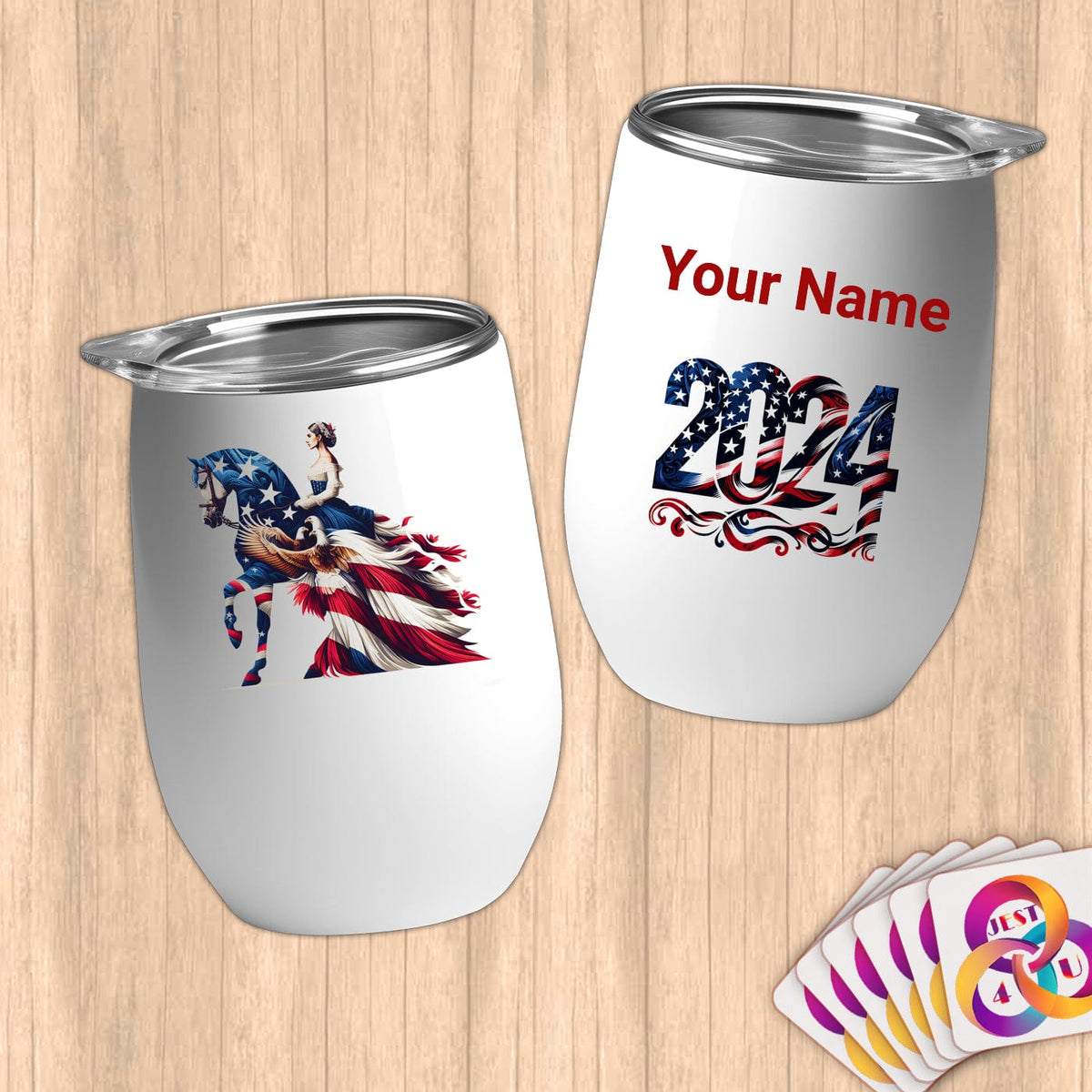 Physical Item 12 oz / White Grace and Power~Limited Edition 2024 "USA Excellence" ~ Customizable 12oz Wine Tumbler with Lid
