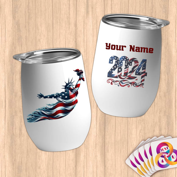 Physical Item 12 oz / White Graceful Liberty Swim ~ Limited Edition 2024 "USA Excellence" ~ Customizable 12oz Wine Tumbler with Lid