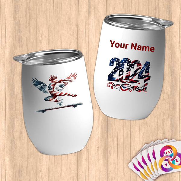 Physical Item 12 oz / White Gymnast Balance~Limited Edition 2024 "USA Excellence" ~ Customizable 12oz Wine Tumbler with Lid