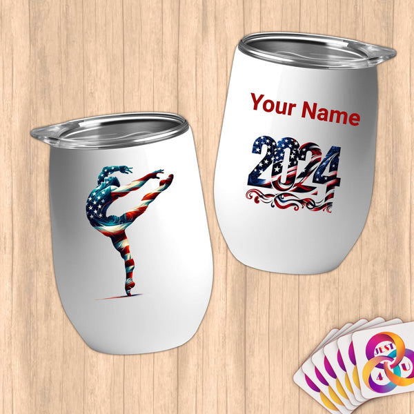 Physical Item 12 oz / White Gymnast Male~Limited Edition 2024 "USA Excellence" ~ Customizable 12oz Wine Tumbler with Lid