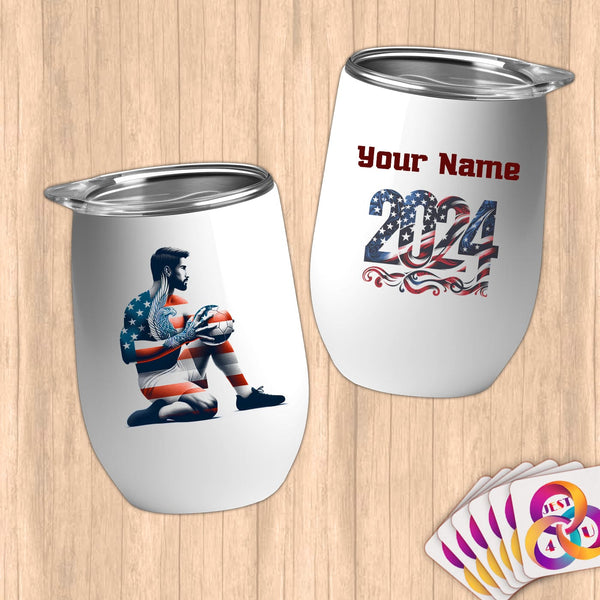 Physical Item 12 oz / White Handball Patriot ~ Limited Edition 2024 "USA Excellence" ~ Customizable 12oz Wine Tumbler with Lid