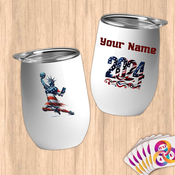 Physical Item 12 oz / White Handball Pride Statue of Liberty ~ Limited Edition 2024 "USA Excellence" ~ Customizable 12oz Wine Tumbler with Lid