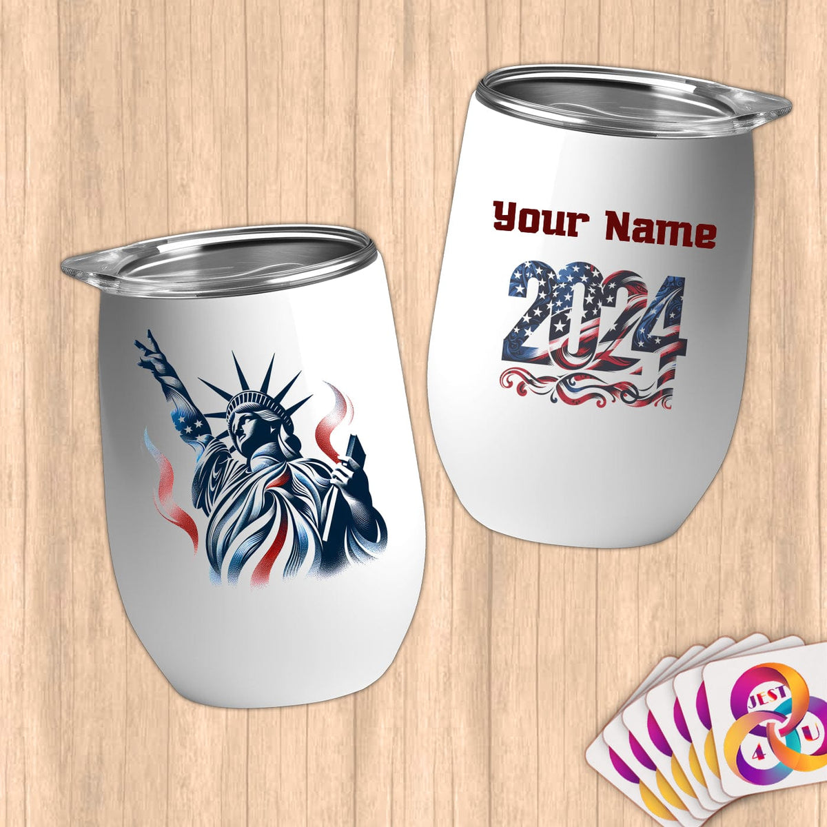 Physical Item 12 oz / White Hang 10 Statue of Liberty ~ Limited Edition 2024 "USA Excellence" ~ Customizable 12oz Wine Tumbler with Lid