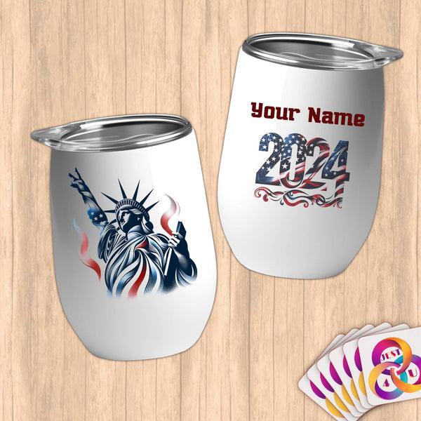 Physical Item 12 oz / White Hang 10 Statue of Liberty ~ Limited Edition 2024 "USA Excellence" ~ Customizable 12oz Wine Tumbler with Lid