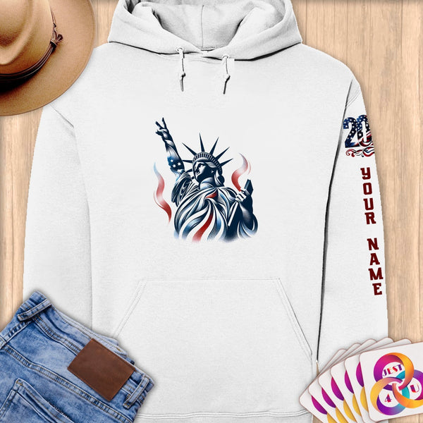 Physical Item S / White Hang 10 Statue of Liberty ~ Limited Edition 2024 "USA Excellence" ~ Personalized Premium Hoodie