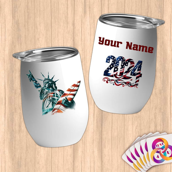 Physical Item 12 oz / White Hang Ten Lady Liberty ~ Limited Edition 2024 "USA Excellence" ~ Customizable 12oz Wine Tumbler with Lid
