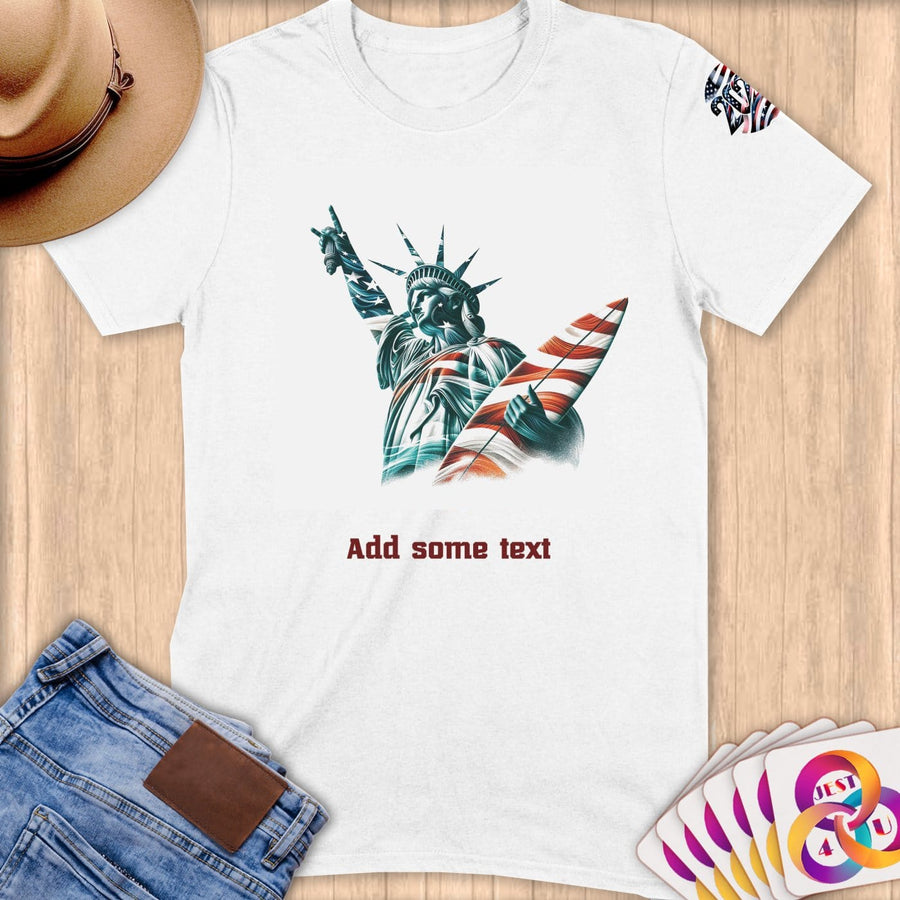 Physical Item S / White Hang Ten Lady Liberty ~ Limited Edition 2024 "USA Excellence" ~ Personalized Softstyle T-Shirt