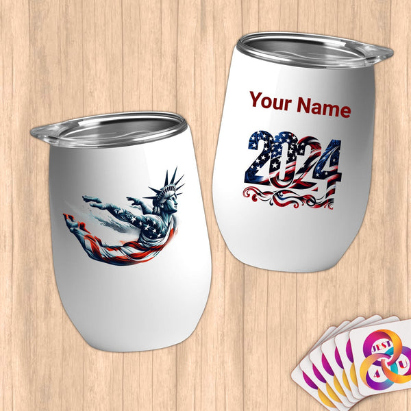 Physical Item 12 oz / White High Diving Statue Liberty~Limited Edition 2024 "USA Excellence" ~ Customizable 12oz Wine Tumbler with Lid