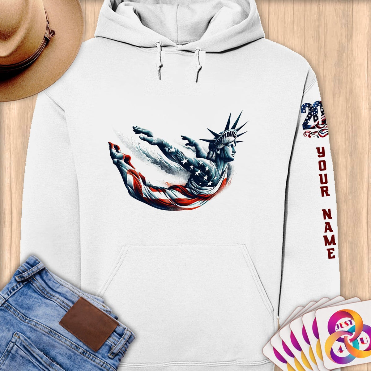 Physical Item S / White High Diving Statue Liberty~Limited Edition 2024 "USA Excellence" ~ Personalized Premium Hoodie