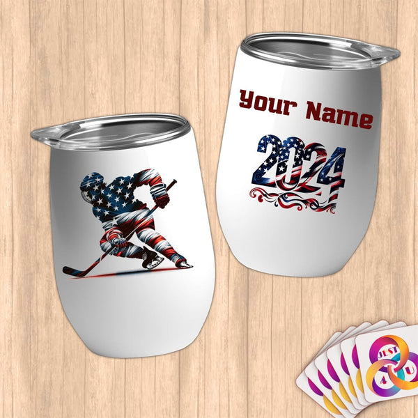 Physical Item 12 oz / White Hockey Glow ~ Limited Edition 2024 "USA Excellence" ~ Customizable 12oz Wine Tumbler with Lid