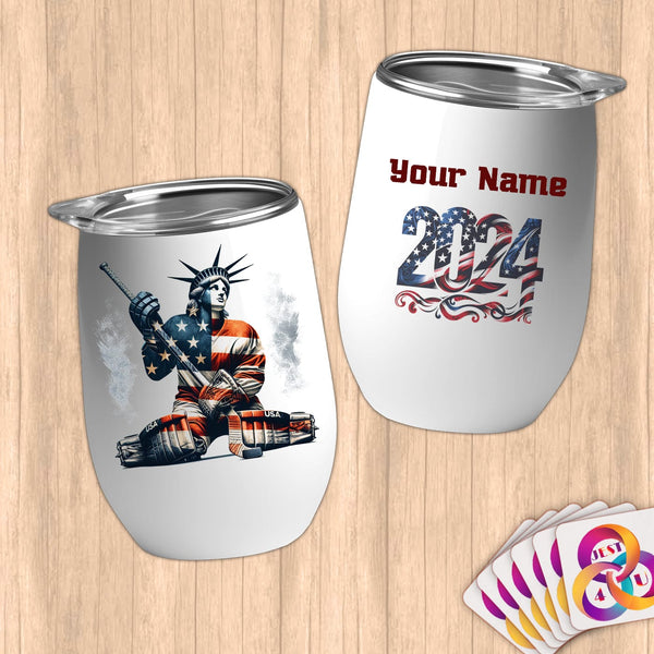 Physical Item 12 oz / White Hockey Liberty ~ Limited Edition 2024 "USA Excellence" ~ Customizable 12oz Wine Tumbler with Lid