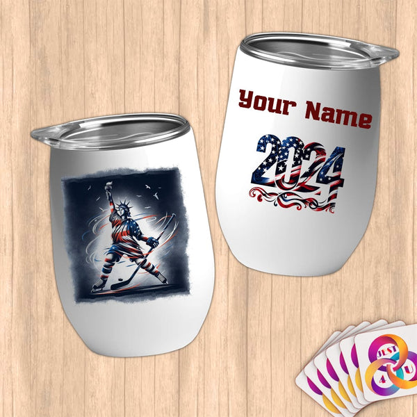 Physical Item 12 oz / White Hockey Power ~ Limited Edition 2024 "USA Excellence" ~ Customizable 12oz Wine Tumbler with Lid