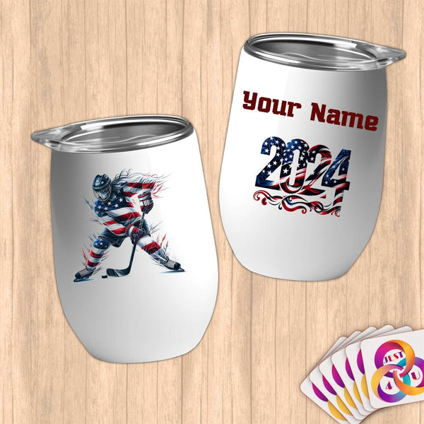 Physical Item 12 oz / White Hockey Slam ~ Limited Edition 2024 "USA Excellence" ~ Customizable 12oz Wine Tumbler with Lid
