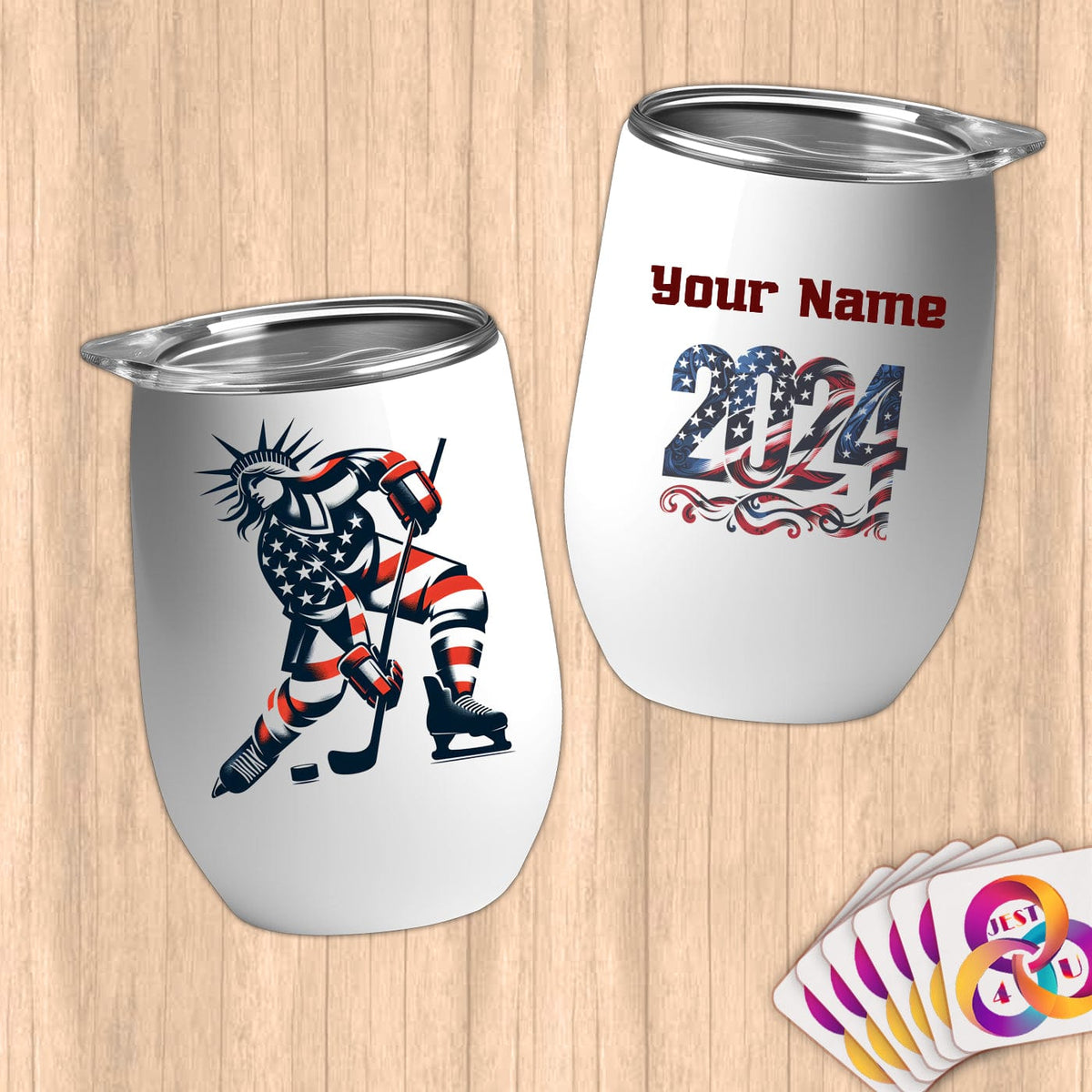 Physical Item 12 oz / White Hockey Stripes ~ Limited Edition 2024 "USA Excellence" ~ Customizable 12oz Wine Tumbler with Lid