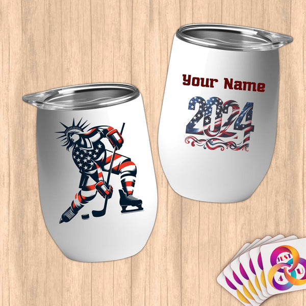 Physical Item 12 oz / White Hockey Stripes ~ Limited Edition 2024 "USA Excellence" ~ Customizable 12oz Wine Tumbler with Lid