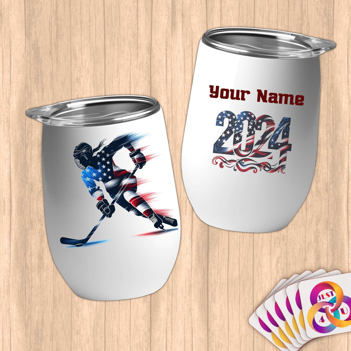 Physical Item 12 oz / White Hockey USA Flag ~ Limited Edition 2024 "USA Excellence" ~ Customizable 12oz Wine Tumbler with Lid