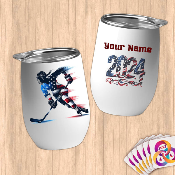 Physical Item 12 oz / White Hockey USA Flag ~ Limited Edition 2024 "USA Excellence" ~ Customizable 12oz Wine Tumbler with Lid