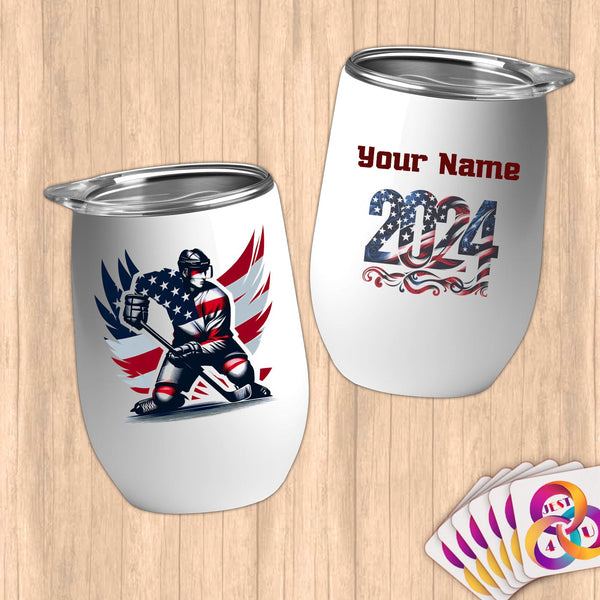 Physical Item 12 oz / White Hockey Wings ~ Limited Edition 2024 "USA Excellence" ~ Customizable 12oz Wine Tumbler with Lid
