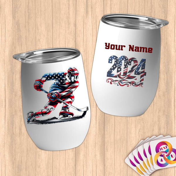 Physical Item 12 oz / White Ice Hockey Swish ~ Limited Edition 2024 "USA Excellence" ~ Customizable 12oz Wine Tumbler with Lid