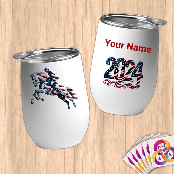 Physical Item 12 oz / White Jockey Leaps~Limited Edition 2024 "USA Excellence" ~ Customizable 12oz Wine Tumbler with Lid