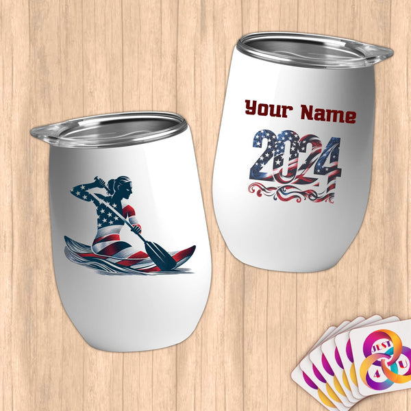 Physical Item 12 oz / White Kayak USA Flag ~ Limited Edition 2024 "USA Excellence" ~ Customizable 12oz Wine Tumbler with Lid
