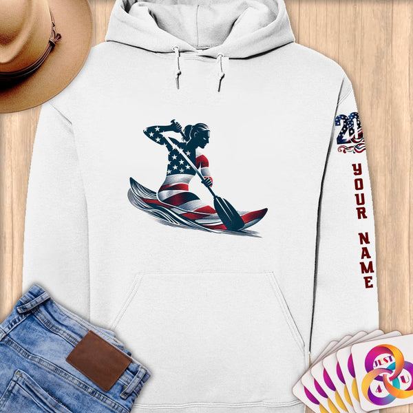 Physical Item S / White Kayak USA Flag ~ Limited Edition 2024 "USA Excellence" ~ Personalized Premium Hoodie