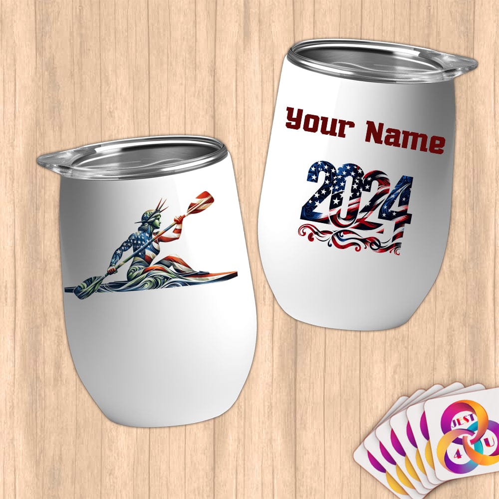 Physical Item 12 oz / White Kayaker Lady Liberty ~ Limited Edition 2024 "USA Excellence" ~ Customizable 12oz Wine Tumbler with Lid