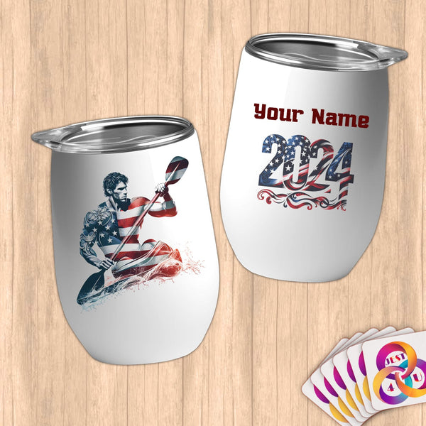 Physical Item 12 oz / White Kayaking Hero ~ Limited Edition 2024 "USA Excellence" ~ Customizable 12oz Wine Tumbler with Lid