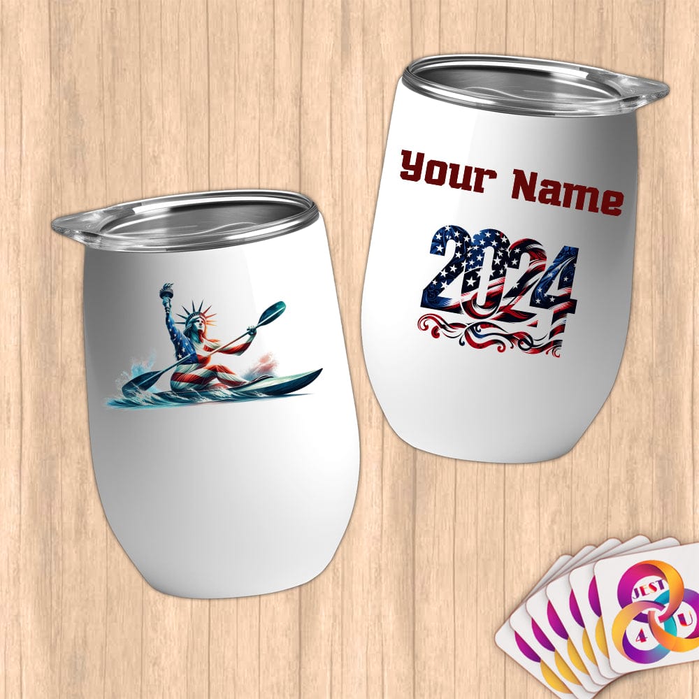 Physical Item 12 oz / White Kayaking Lady Liberty ~ Limited Edition 2024 "USA Excellence" ~ Customizable 12oz Wine Tumbler with Lid