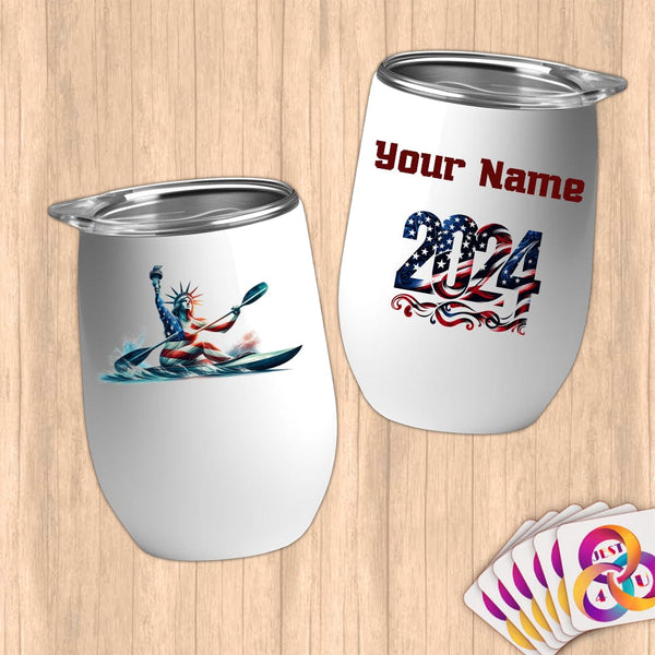 Physical Item 12 oz / White Kayaking Lady Liberty ~ Limited Edition 2024 "USA Excellence" ~ Customizable 12oz Wine Tumbler with Lid