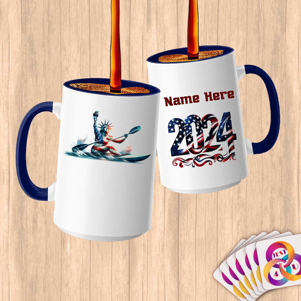 Physical Item 15oz / Blue Kayaking Lady Liberty ~ Limited Edition 2024 "USA Excellence" ~ Customized Large 15oz Mug