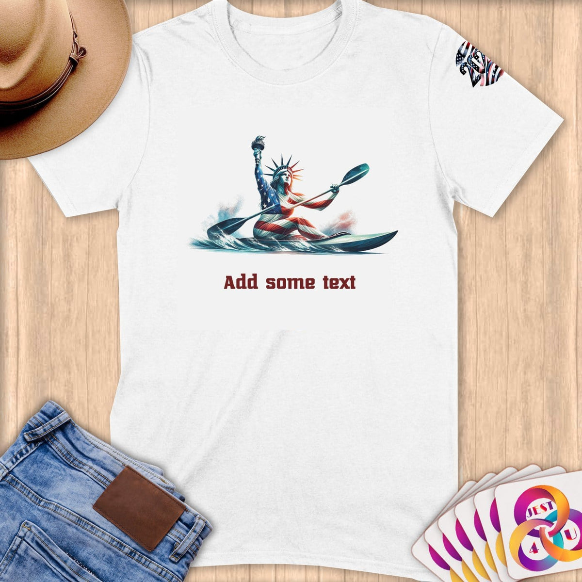Physical Item S / White Kayaking Lady Liberty ~ Limited Edition 2024 "USA Excellence" ~ Personalized Softstyle T-Shirt