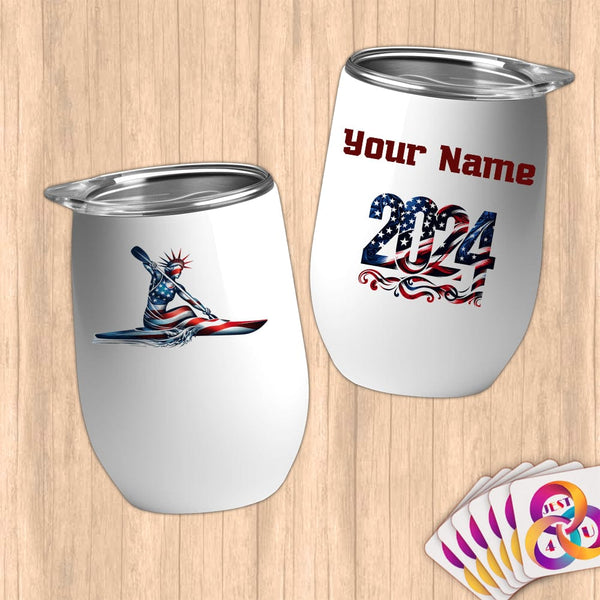 Physical Item 12 oz / White Kayaking Liberty Freedom ~ Limited Edition 2024 "USA Excellence" ~ Customizable 12oz Wine Tumbler with Lid