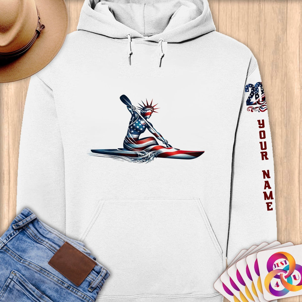 Physical Item S / White Kayaking Liberty Freedom ~ Limited Edition 2024 "USA Excellence" ~ Personalized Premium Hoodie