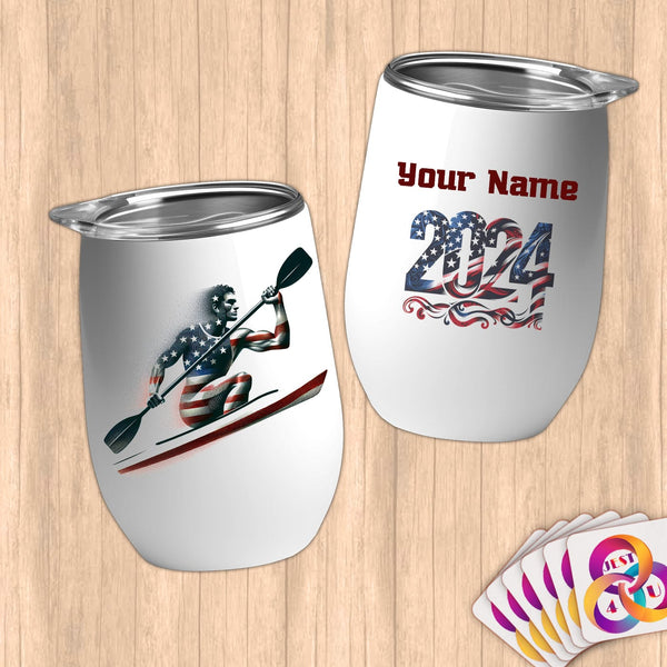 Physical Item 12 oz / White Kayaking Patriotic ~ Limited Edition 2024 "USA Excellence" ~ Customizable 12oz Wine Tumbler with Lid