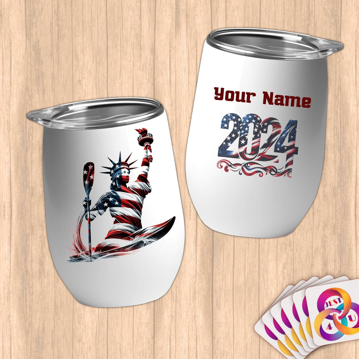 Physical Item 12 oz / White Kayaking USA Flag Statue ~ Limited Edition 2024 "USA Excellence" ~ Customizable 12oz Wine Tumbler with Lid