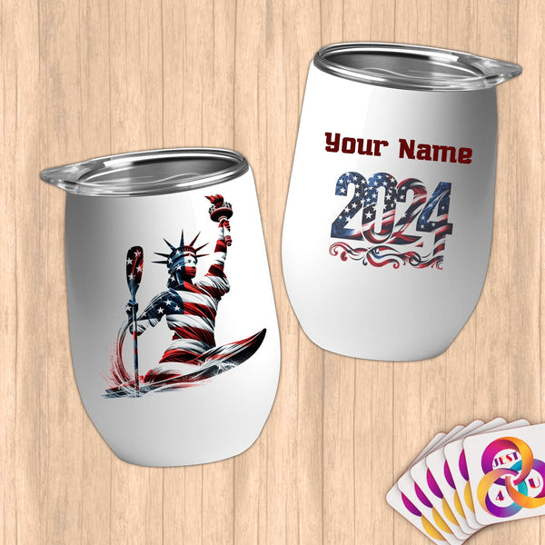 Physical Item 12 oz / White Kayaking USA Flag Statue ~ Limited Edition 2024 "USA Excellence" ~ Customizable 12oz Wine Tumbler with Lid