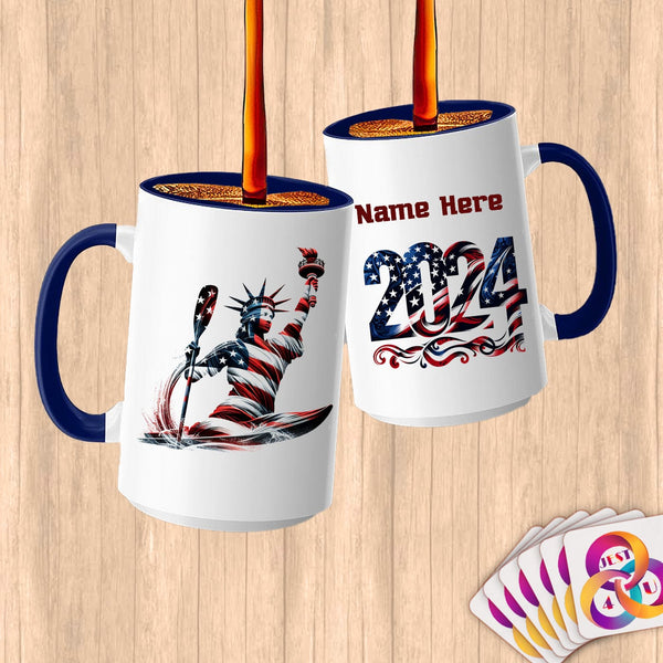 Physical Item 15oz / Blue Kayaking USA Flag Statue ~ Limited Edition 2024 "USA Excellence" ~ Customized Large 15oz Mug