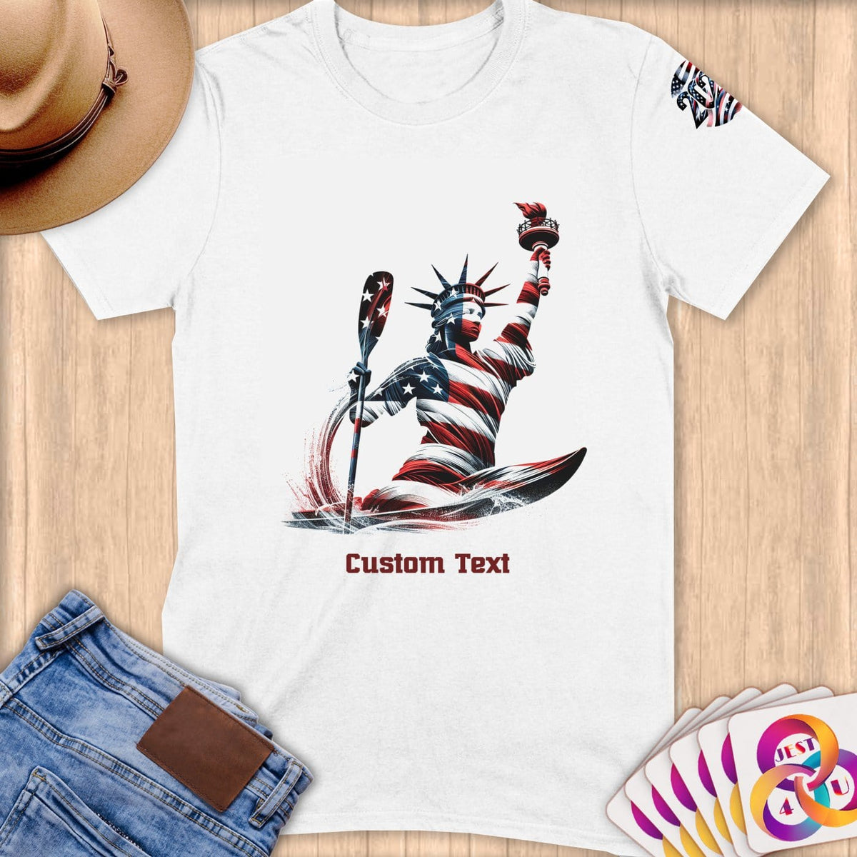 Physical Item S / White Kayaking USA Flag Statue ~ Limited Edition 2024 "USA Excellence" ~ Personalized Softstyle T-Shirt