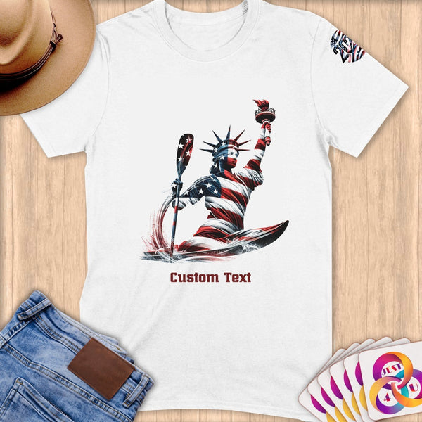 Physical Item S / White Kayaking USA Flag Statue ~ Limited Edition 2024 "USA Excellence" ~ Personalized Softstyle T-Shirt
