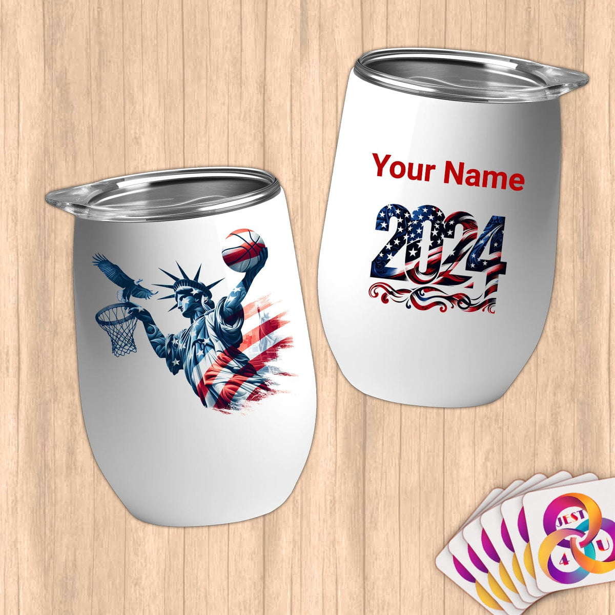 Physical Item 12 oz / White Liberty Basketball Dunk ~Limited Edition 2024 "USA Excellence" ~ Customizable 12oz Wine Tumbler with Lid