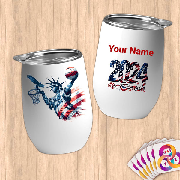 Physical Item 12 oz / White Liberty Basketball Dunk ~Limited Edition 2024 "USA Excellence" ~ Customizable 12oz Wine Tumbler with Lid