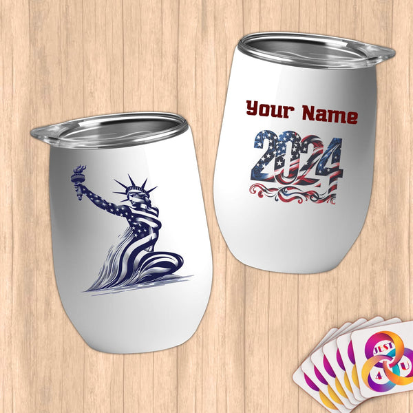 Physical Item 12 oz / White Liberty Beautiful Swim ~ Limited Edition 2024 "USA Excellence" ~ Customizable 12oz Wine Tumbler with Lid