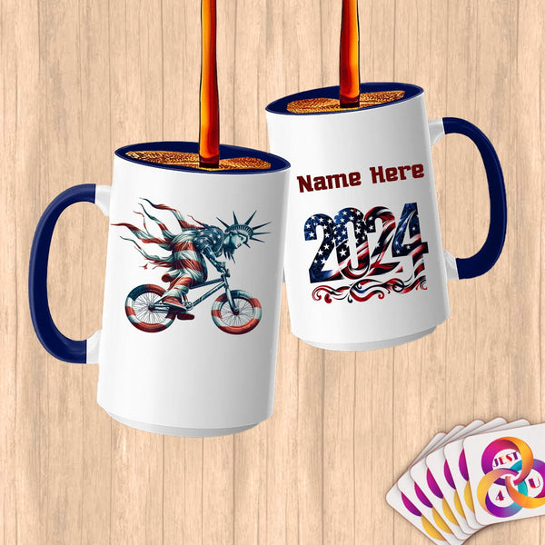 Physical Item 15oz / Blue Liberty BMX Lady ~ Limited Edition 2024 "USA Excellence" ~ Customized Large 15oz Mug