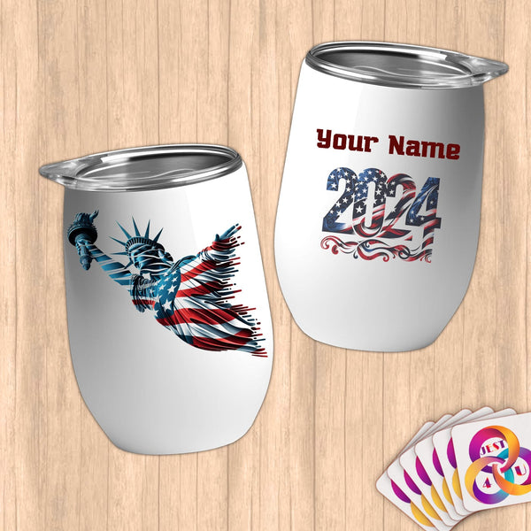 Physical Item 12 oz / White Liberty Diving ~ Limited Edition 2024 "USA Excellence" ~ Customizable 12oz Wine Tumbler with Lid