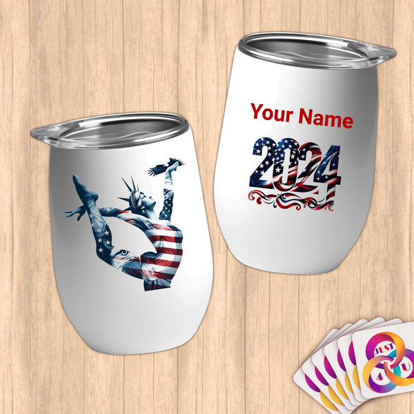 Physical Item 12 oz / White Liberty Freedom Gymnast ~Limited Edition 2024 "USA Excellence" ~ Customizable 12oz Wine Tumbler with Lid