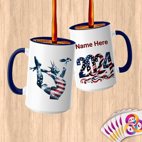 Physical Item 15oz / Blue Liberty Freedom Gymnast ~Limited Edition 2024 "USA Excellence" ~ Customized Large 15oz Mug
