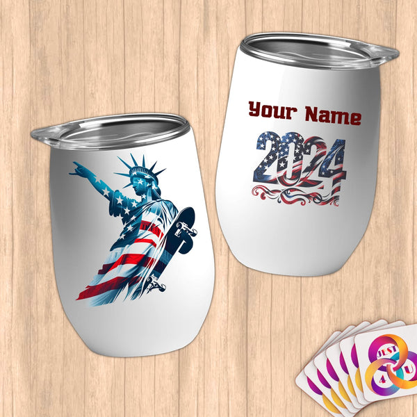 Physical Item 12 oz / White Liberty Hang 10 ~ Limited Edition 2024 "USA Excellence" ~ Customizable 12oz Wine Tumbler with Lid